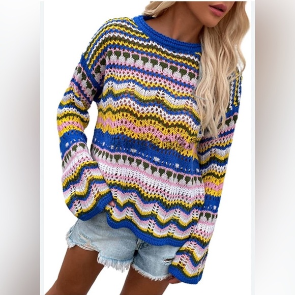 C+D+M‎ Crochet Muti-Color Bohemian Sweater Flared Sleeve Scallop Hem Size Medium - Picture 2 of 16
